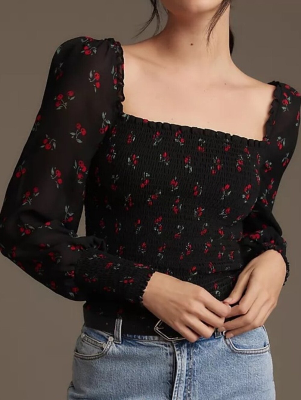 Reformation PINTO Long SLEEVE Black Cherry Smocked Puff-Sleeve Crop Top